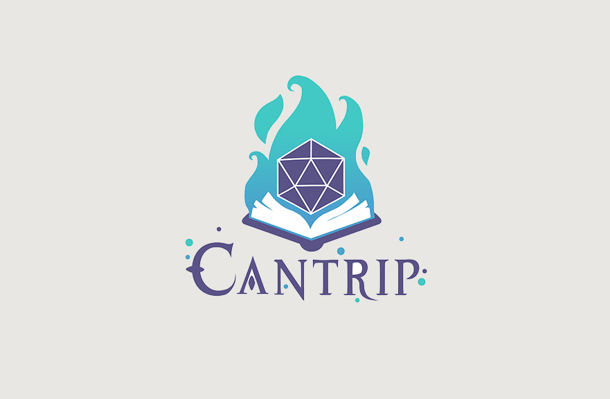 A modern logo featuring teal and purple in a high fantasy font. A d20 rests on a book, surrounded by flames