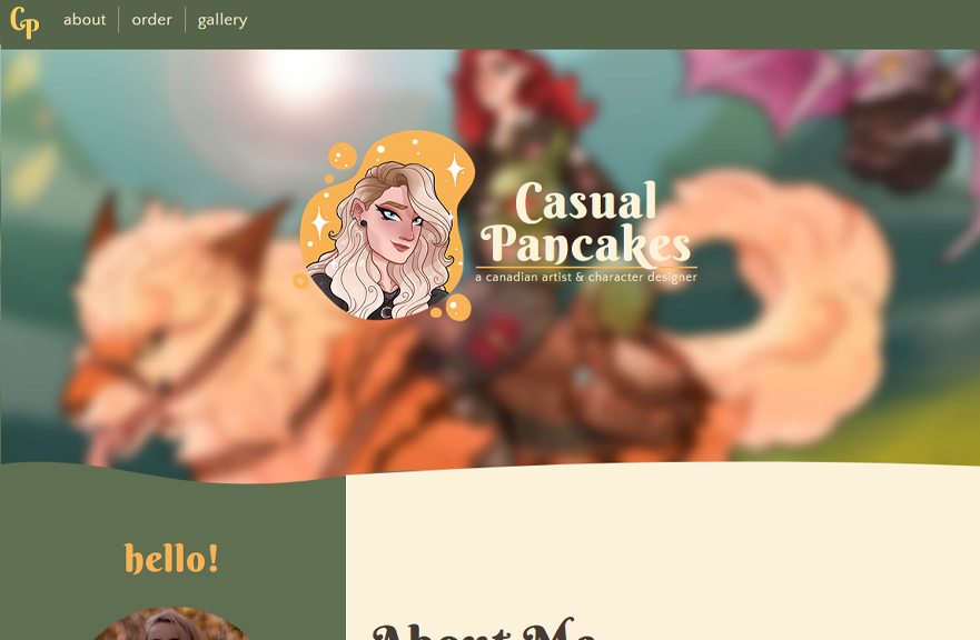 A screenshot of an artist's portfolio and shop. The website features a fun whimsical theme with warm colours and green wavy accents.