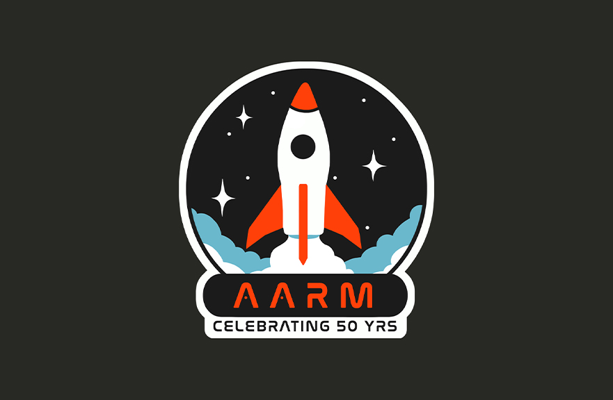 A modern illustrative logo of an orange and white rocketship launching into the stary sky