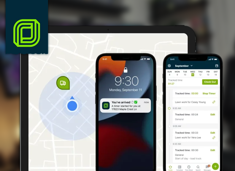 A tablet screen showing a map with a location pin, indicating arrival at a destination. In front, two smartphones display notifications and time tracking for lawn work, with detailed logs and clock-in/out options, using Jobber.
