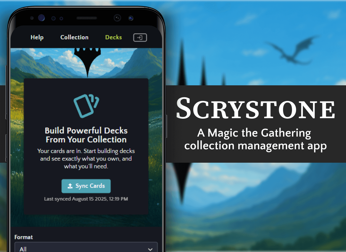 Smartphone screen displaying a Magic the Gathering collection management web application. Featuring a dark mode theme with collection syncing abilities.